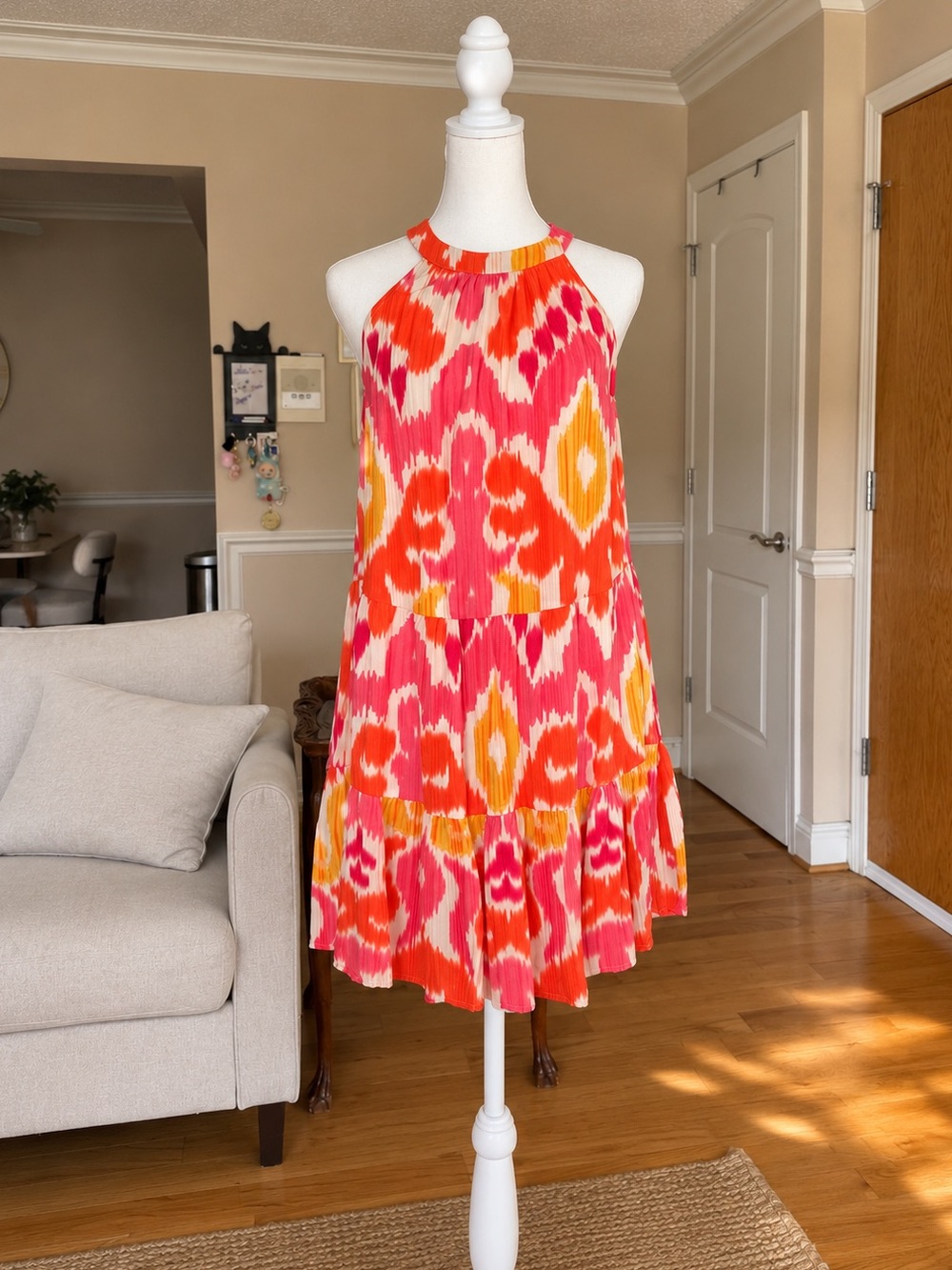Colorful Ikat Print Tiered Halter Dress